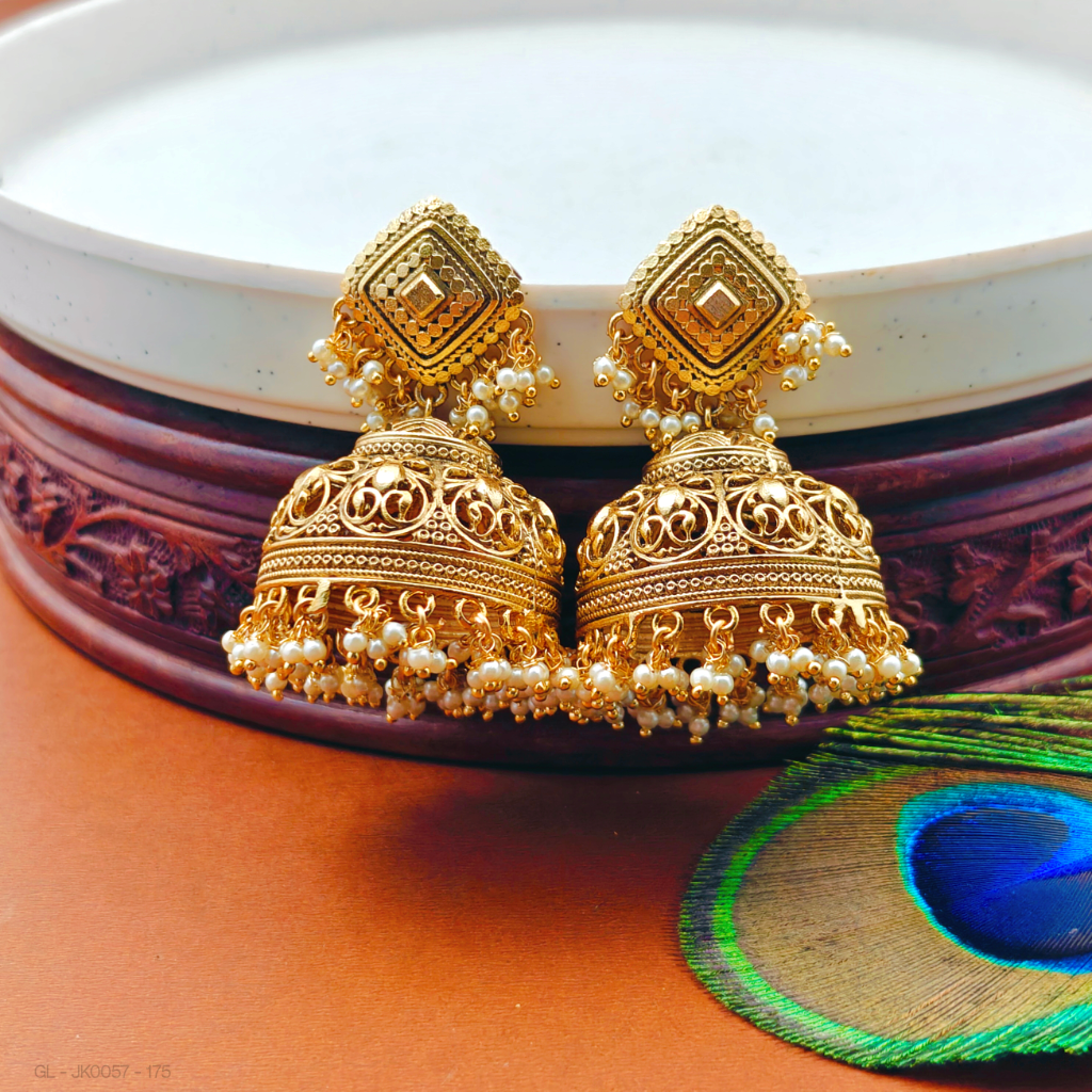 Antique golden Bollywood style Jhumka - Main Image
