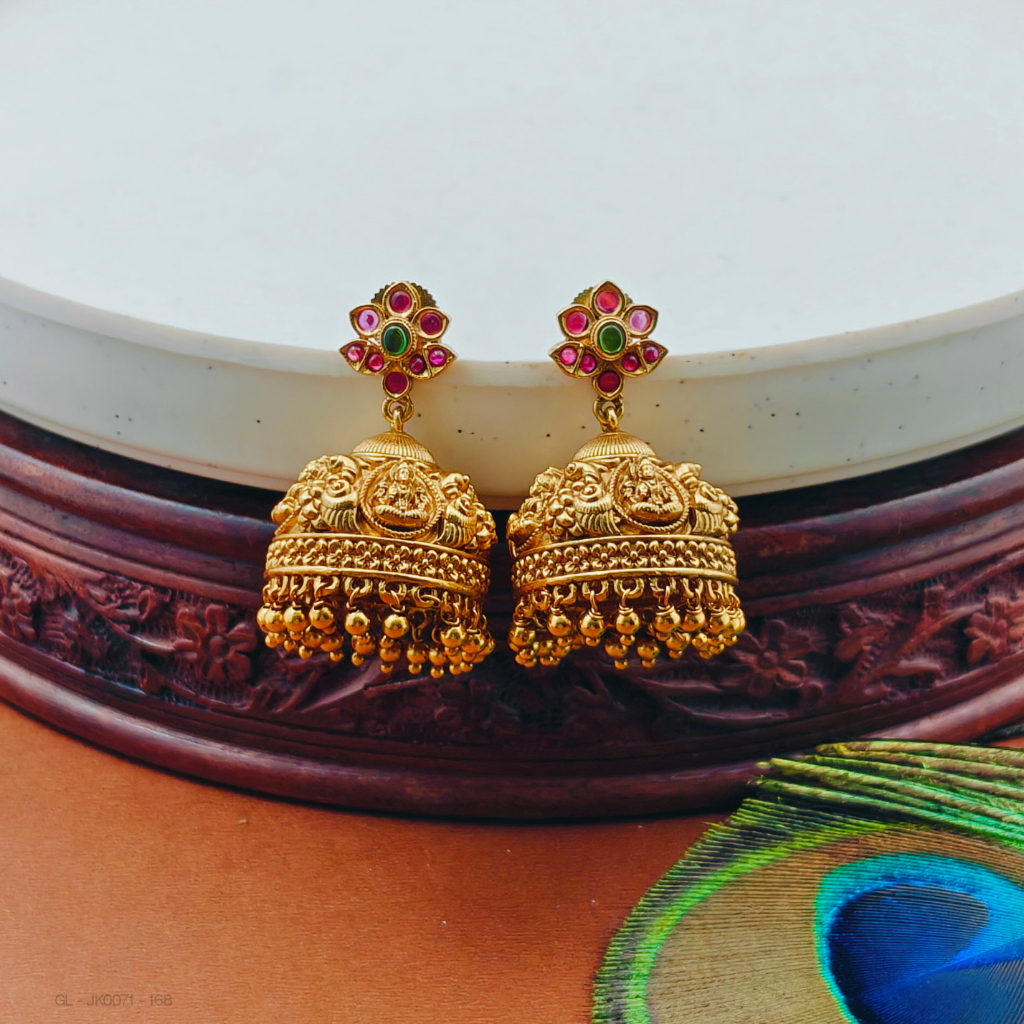 Gold Finish Kemp Temple Jhumkas