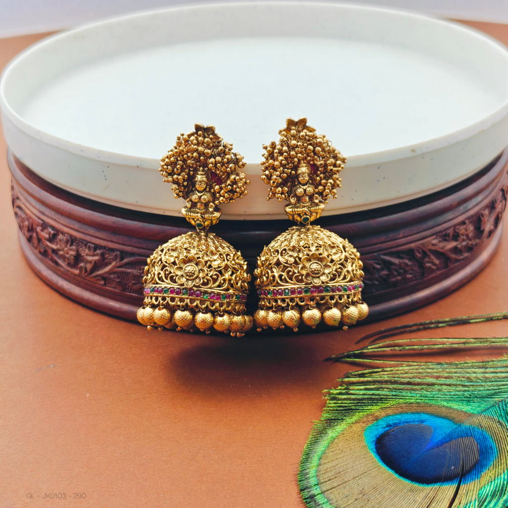 Matt Gold Finish Temple Jhumka - Main Image