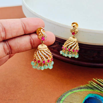 Gold finish-peacock top-Ruby-Stone-Green-bead-jhumkas