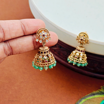 Gold finish-Traditional-Ruby-Stone-floral design-green beads-jhumkas