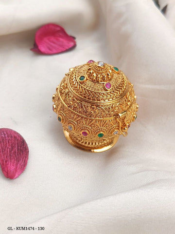 Gold Plated multicolor stones studded Intricate Deisgn - Pressign lock Kumkum box