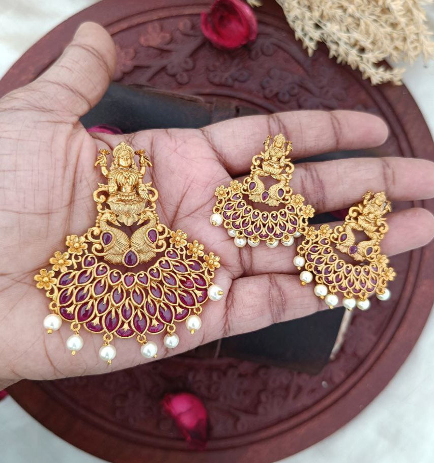 Lakshmi Ruby Locket Set with earrings - Main Image