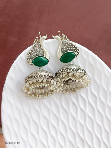 Peacock design-Oxidised Silver Jhumkas