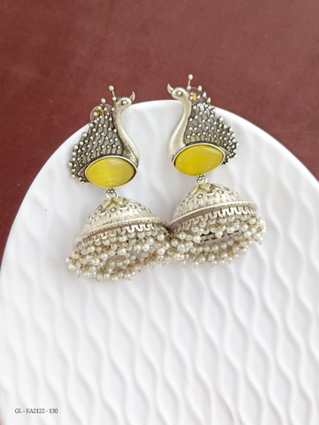 Peacock design-Oxidised Silver Jhumkas