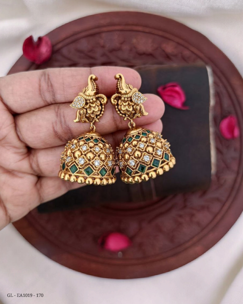 Gold Finish AD Emerald Elephant Jhumkas GL-EA1019-170