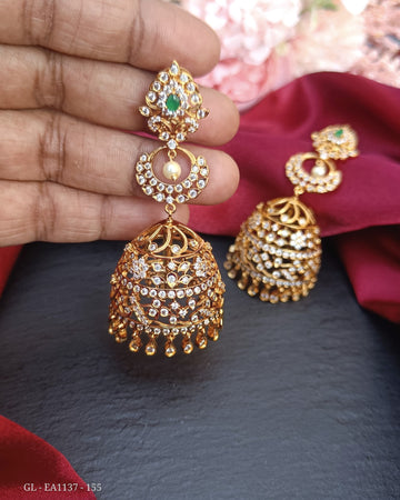 Gold Finish AD Emerald stone Jhumkas GL-EA1137-155