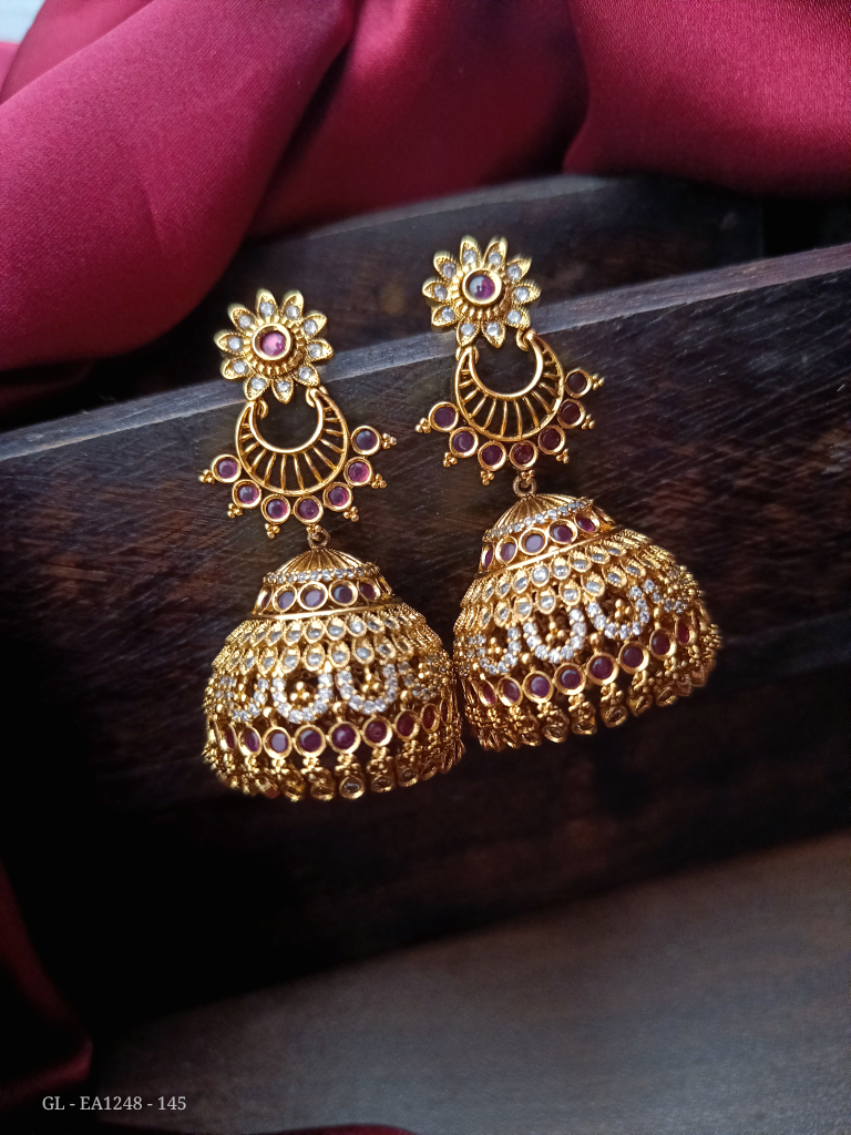 Antique Matt finish CZ ruby Bali style Jhumkas  GL-EA1248-145