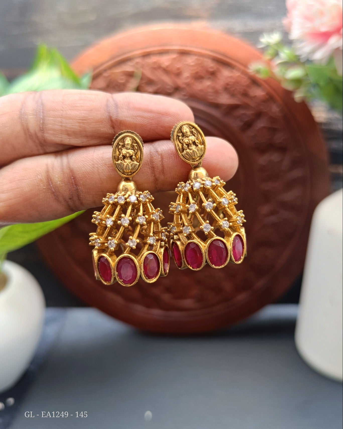 Cz Ruby Aligned Lakshmi Earrings GL-EA1249-145