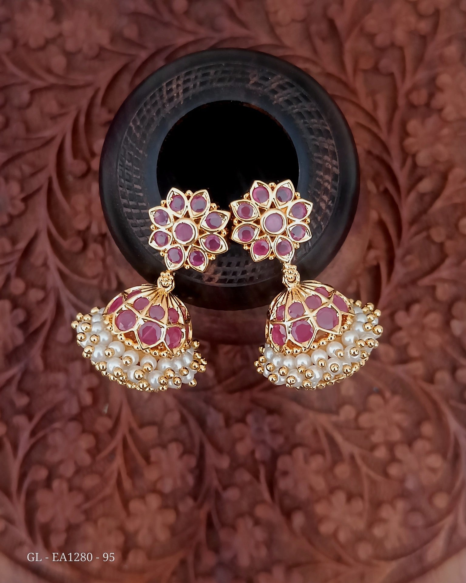 Gold Finish Ruby Studded Floral Jhumkas GL-EA1280-95
