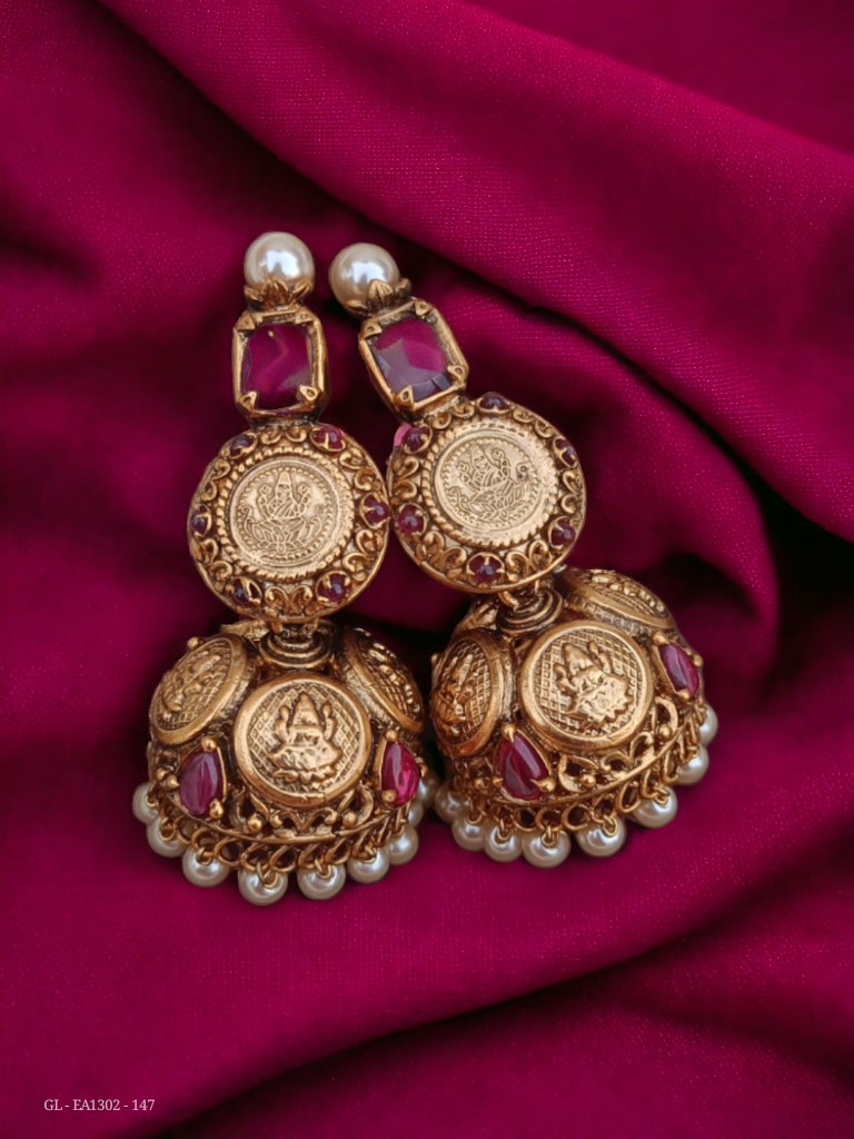 Antique Gold Finish Ruby Centered Temple Jhumkas GL-EA1302-147