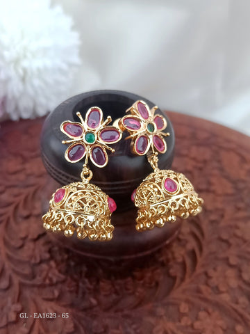 Micro gold Ruby Emerald stone jhumkas GL-EA1623-65