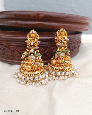 Gold Finish rice pearl Temple Jhumkas GL-EA1841-305