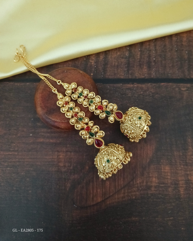 Antique Finish golden Earchain jhumka