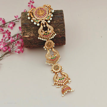 Bridal Temple Gold Finish Jada Billai with Stones & Pearls