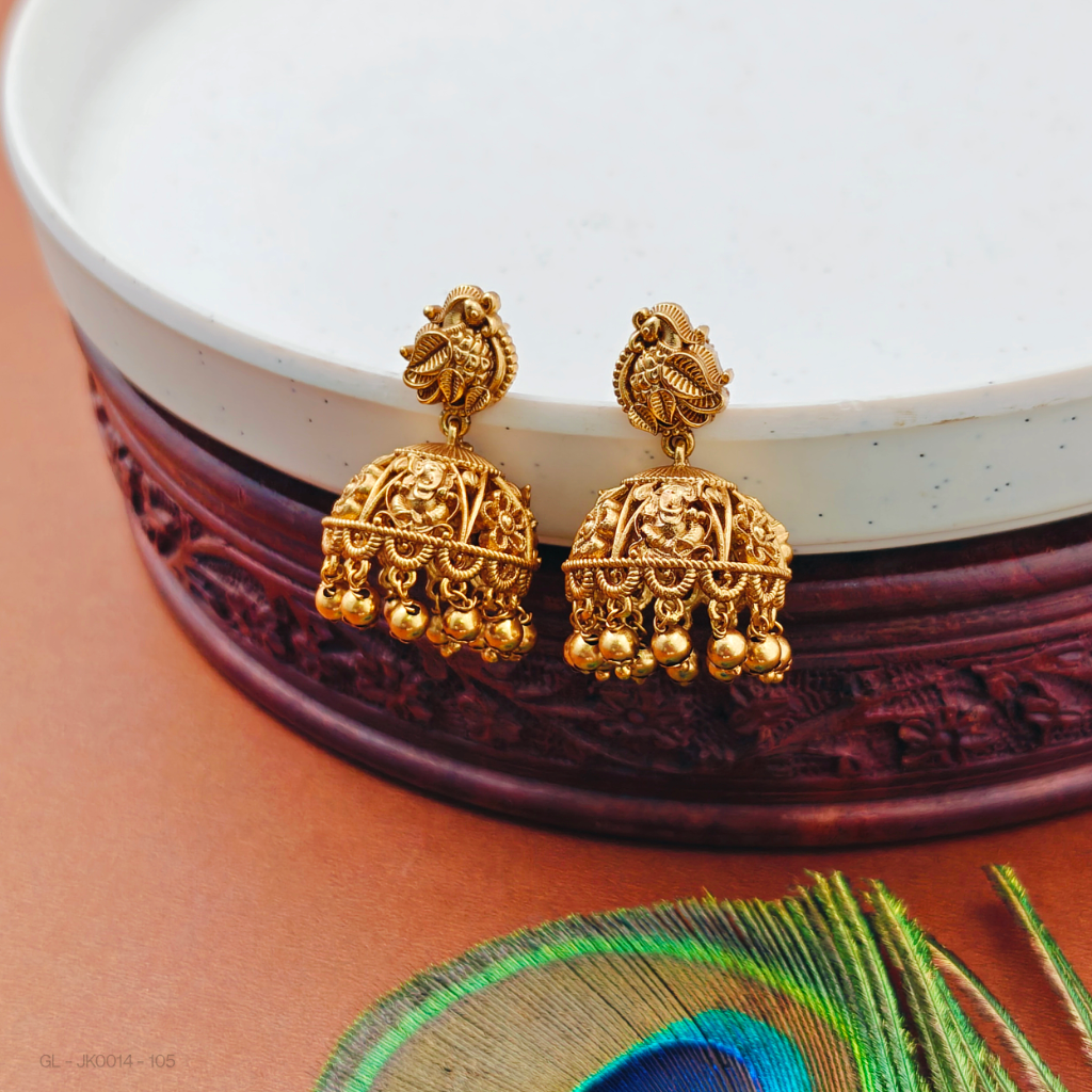 Antique gold finish peacock- Floral-design  Jhumkas