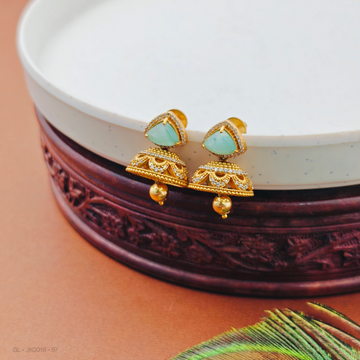 Gold Finish AD Sea Green Stone Jhumkas