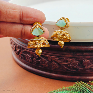 Gold Finish AD Sea Green Stone Jhumkas