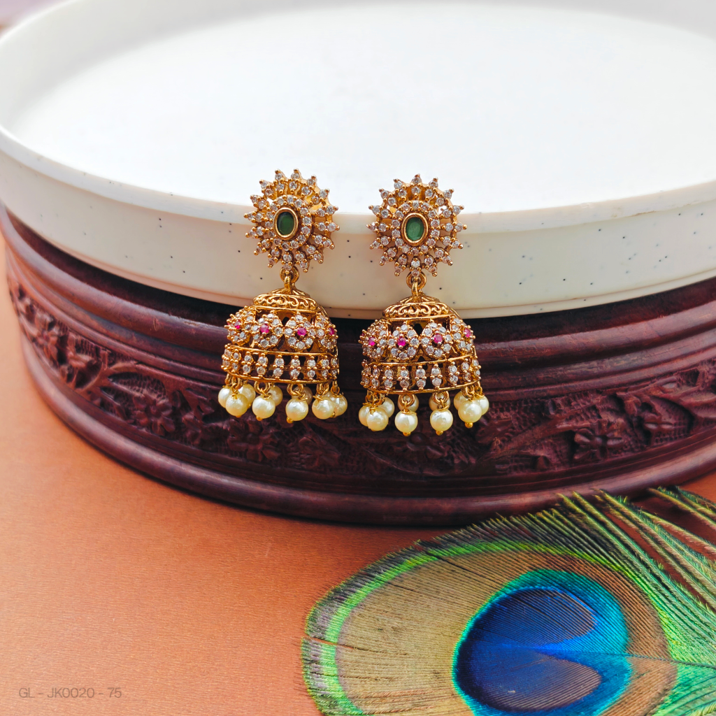 Golden Cz Emerald-white- stone Jhumkis
