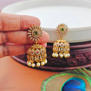 Golden Cz Emerald-white- stone Jhumkis