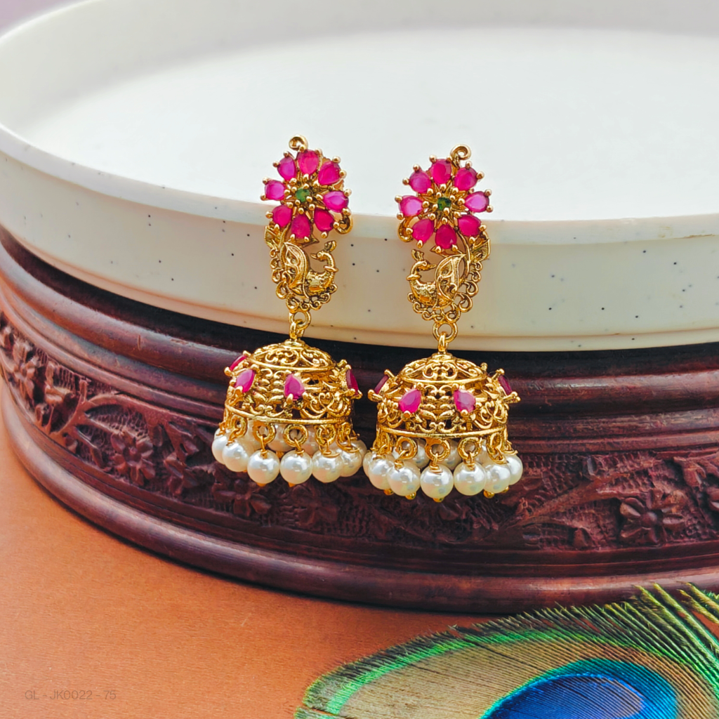 Golden Finish-Emerald-Ruby-Stones-pearl- Jhumkis