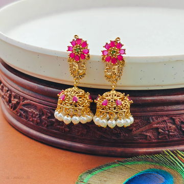 Golden Finish-Emerald-Ruby-Stones-pearl- Jhumkis