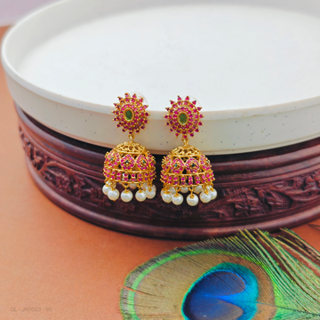 Golden Cz-Center Emerald-Ruby-Stones-pearl bottom- Jhumkis