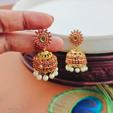 Golden Cz-Center Emerald-Ruby-Stones-pearl bottom- Jhumkis