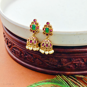 Golden -Emerald-Ruby-Stones-pearl- Jhumkas