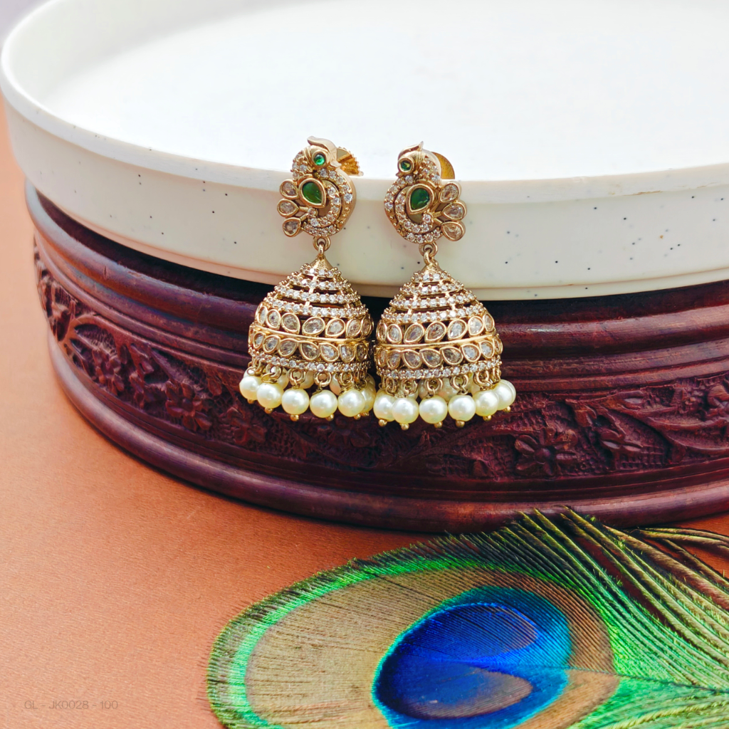 Golden Finish-peacock-top-Emerald-stone- Jhumkas