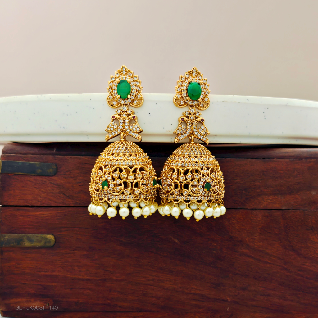 Golden Finish-Emerald-Cz white-stone-Jhumkas