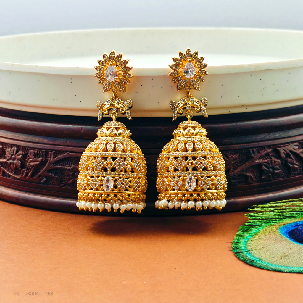 Golden Cz White stone Jhumkis