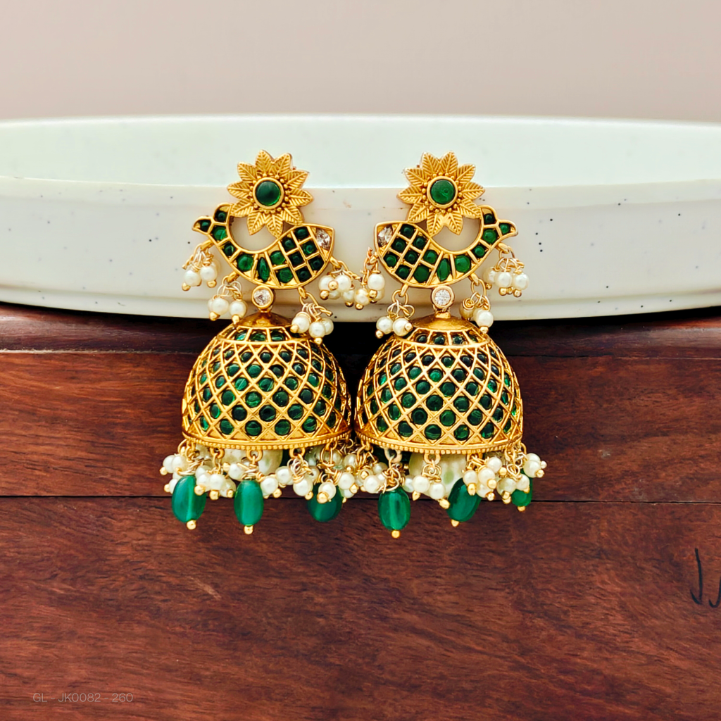 Elegant Green jhumkas-rice pearls