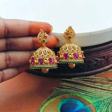 Gold Finish Bridal Multicolor stone Jhumka