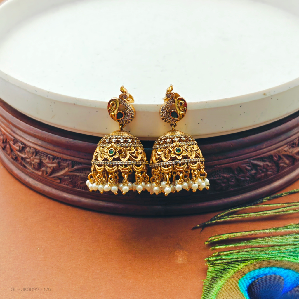 Cz antique gold finish peacock Jhumka