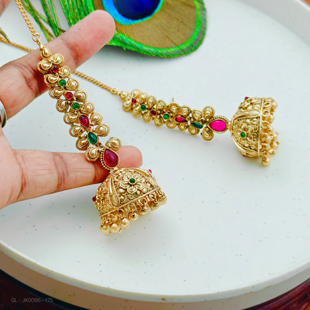 Antique Finish golden Earchain jhumka