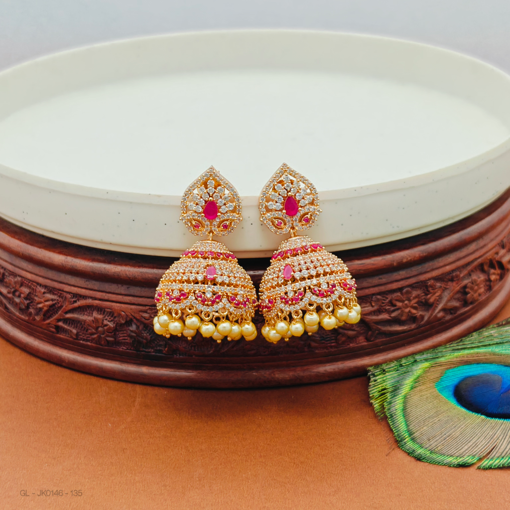 Micro gold AD stone  pearl jhumkas