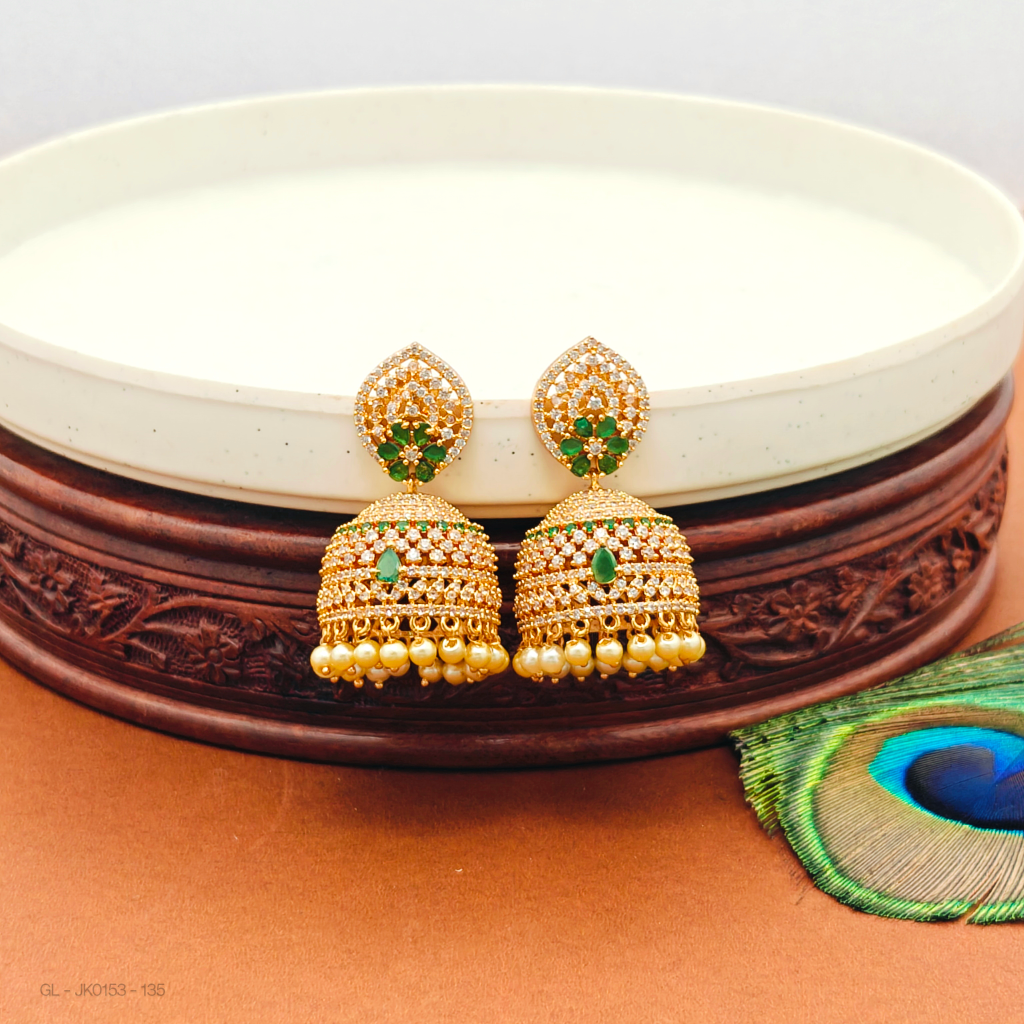 Micro gold AD stone Floral design pearl jhumkas