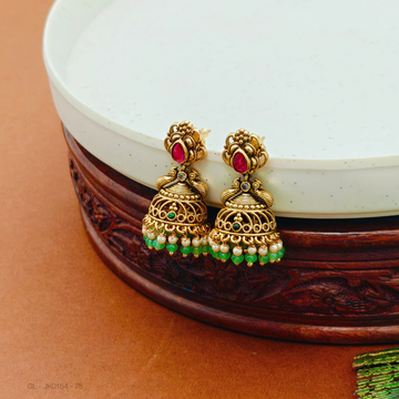 Micro gold AD Ruby stone Floral design  Green pearl jhumkas