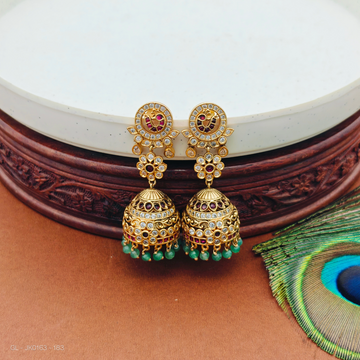Micro gold AD Ruby Emerald stone green drop jhumkas