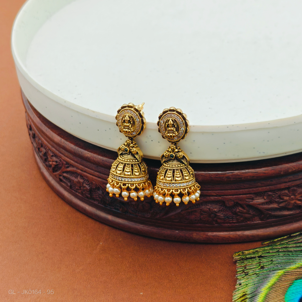 Micro gold Lakshmi Top pearl  drop jhumkas