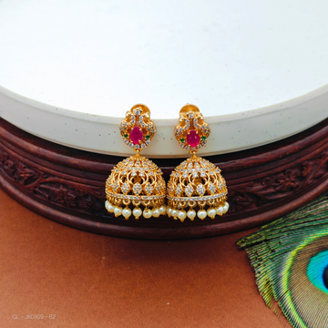 Gold plated AD pink stone  pearl jhumkas