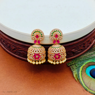 Gold plated AD pink stone floral design pearl jhumkas