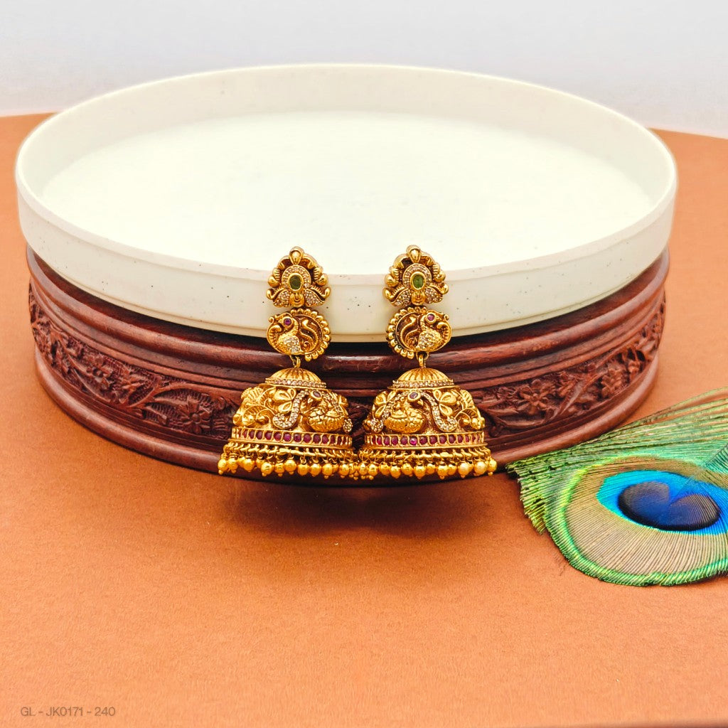 Gold plated Traditional Peacock design golden pearl jhumkas