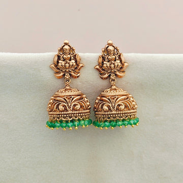 Nakshi Green Bead Temple Jhumkas