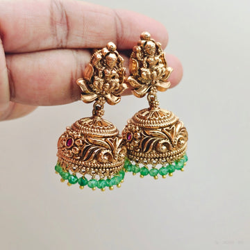 Nakshi Green Bead Temple Jhumkas