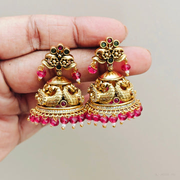 Nakshi Red beaded Peacock Jhumkas