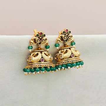 Nakshi green beaded Peacock Jhumkas