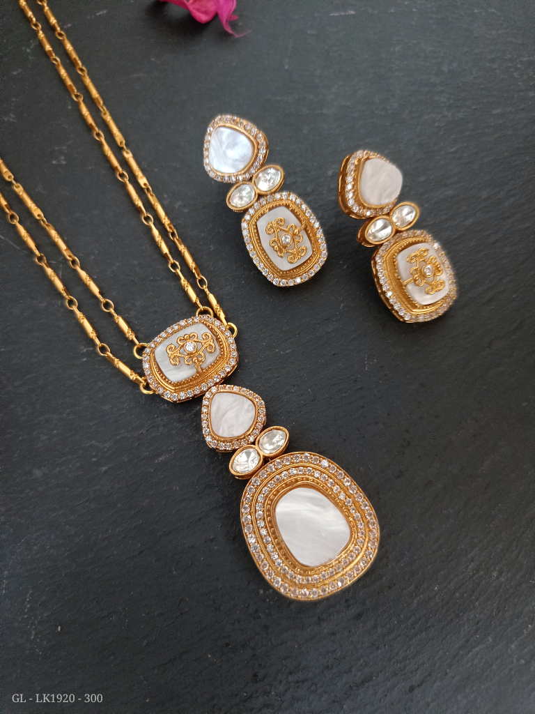 Gold-Pearl white stone long neckles
