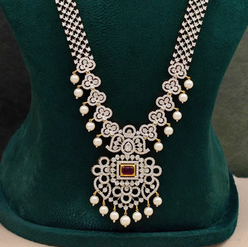 American Diamond Green Geometric Long Necklace Set